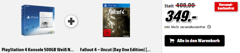 PlayStation 4 (weiß oder schwarz) [neue Revision mit 500GB] inkl. Fallout 4 Day One Edition