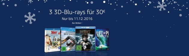 Amazon.de: Wochenaktionen (05.12. – 11.12.16) – 7 Tage Film-Angebote & 3 3D-Blu-rays für 30 EUR uvm.