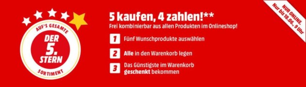 MediaMarkt.de: 5 kaufen, 4 zahlen auf den gesamten Onlineshop (bis 25.06.18 – 9 Uhr)