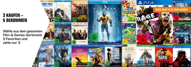 Amazon kontert Saturn: 3 Kaufen 5 Bekommen auf Filme und Games (14.05. – 29.05.19)