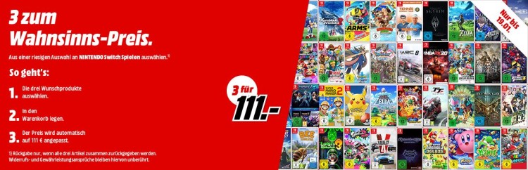 Amazon.de kontert MediaMarkt.de: 3 Switch Spiele für 111€ (bis 19.01.20)